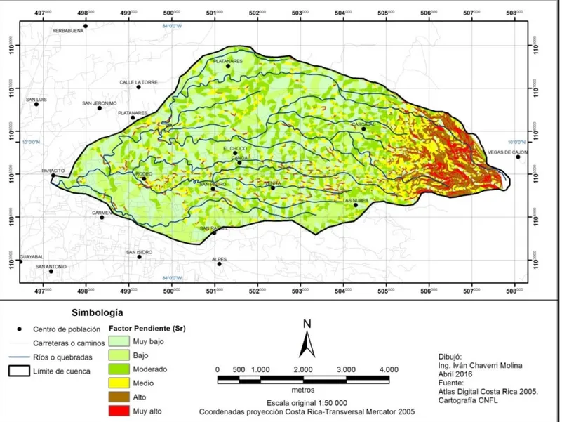 Figura  7.    Susceptibilidad  a  deslizamientos  por  el  factor  pendiente  (Sr)  en  la  microcuenca  del  río  Macho,  San  José,  Costa Rica