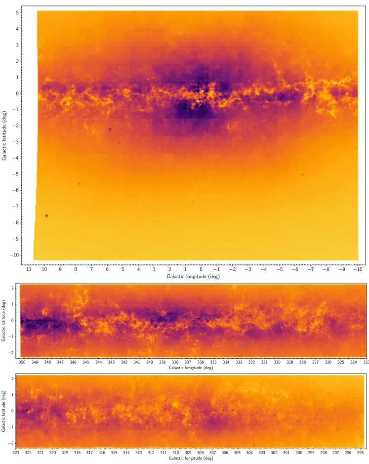 Fig. 1. Density maps for all the sources down to K s = 16.0 found in the VVV bulge (top panel) and disk (middle and bottom panel) regions