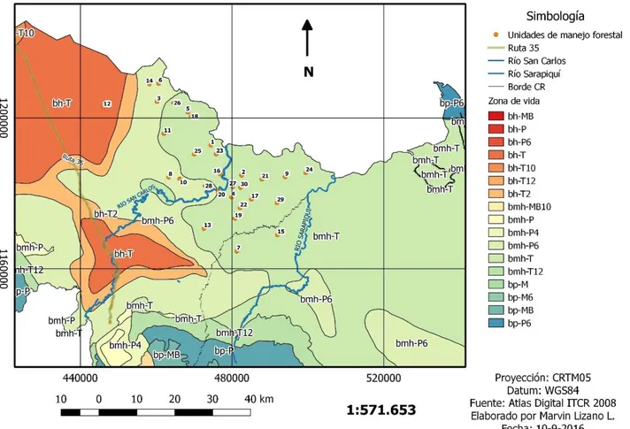 Figura 2. Zonas de vida ubicadas dentro de las distintas Unidades de Manejo  Forestal evaluadas en la Zona Norte de Costa Rica