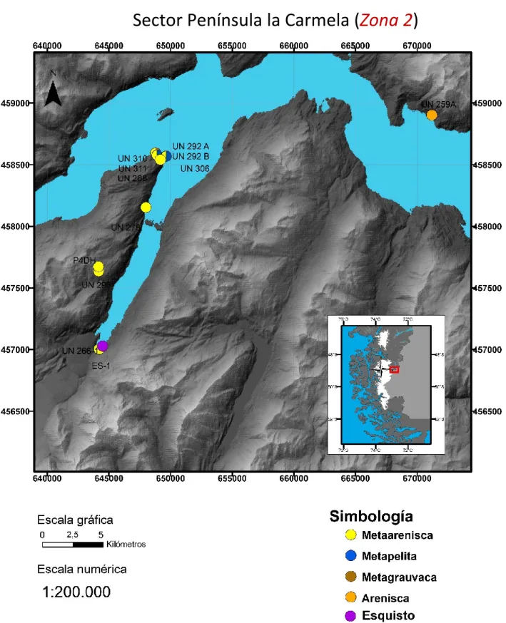 Figura 1.3 Mapa de ubicación de muestras, Zona 2. Sector Península la Carmela, Lago O’Higgins, IX Región de  Aysén, Chile