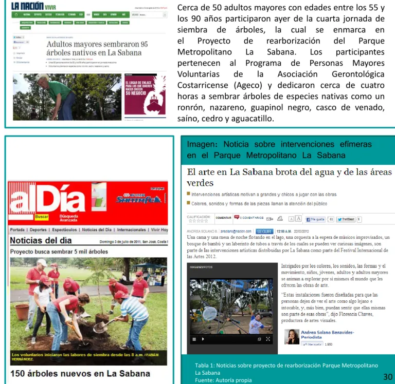 Tabla 1: Noticias sobre proyecto de rearborización Parque Metropolitano  La Sabana 