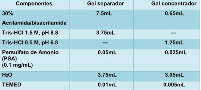 TABLA 1.- Composición de un gel de SDS/PAGE al 15% 
