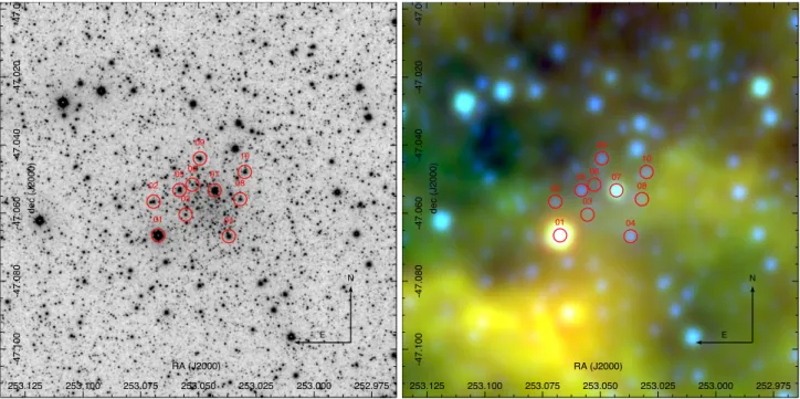 Figure 1. VVV K S (left) and WISE false colour (right) images for GC 03. The red circles show the position of the stars observed spectroscopically
