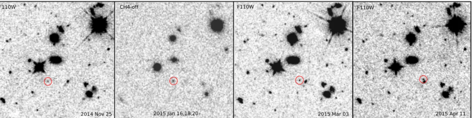 Fig. 1. Identification of WISE J085510.74−071442.5 (at the center of the red circles) on the WFC3 and Hawk-I images sized 24 00 × 24 00 