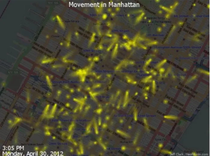 Figura 6.14 Movimientos en Manhattan visualizados a partir de la localización de tweets [54].