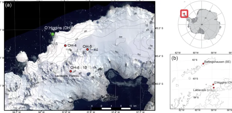 Figure 1. Study area and location of the firn cores presented in this work. (a) Detail of the study zone: the green point shows the Chilean Station O’Higgins (OH) on the west coast of the Antarctic Peninsula