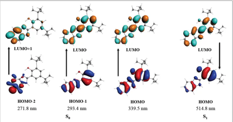 FIGURE 1 | Molecular orbitals involved in the absorption and emission for B2. S 0 corresponds to the ground state