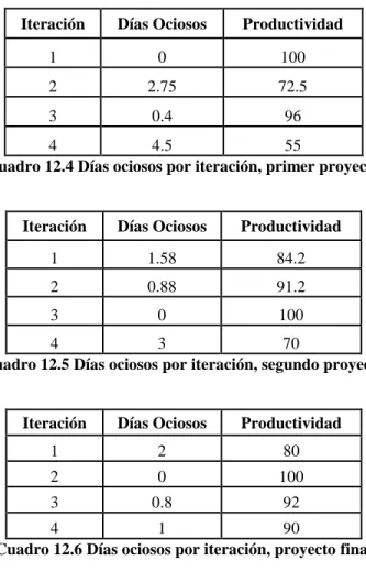 Cuadro 12.4 Días ociosos por iteración, primer proyecto 