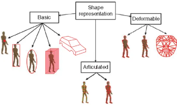 Figure 1.9 Target representation with shape: different shapes representations for video tracking (basic, articulated and deformable)