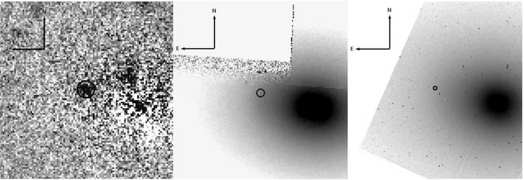 Figure 1. LDSS3 r-band (left), HST/WFPC2 F606W (center) and HST/WFPC F555W (right) images at the position of SN 2008ge obtained 1 year after and 13 and 15 years before explosion, respectively