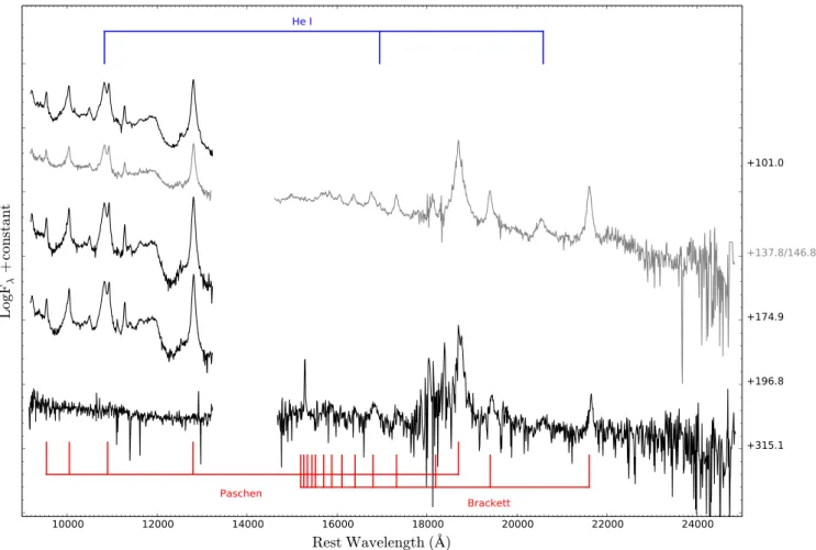 Figure 9. NIR spectra evolution of SN 2012ca. The phase of each spectrum relative to light-curve R-band maximum is shown on the right
