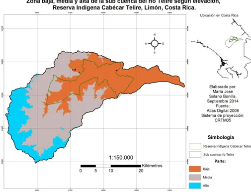 Figura 2.  Clasificación por zonas de elevación en la sub cuenca del río Telire, Reserva  Indígena Cabécar Telire, Limón, Costa Rica