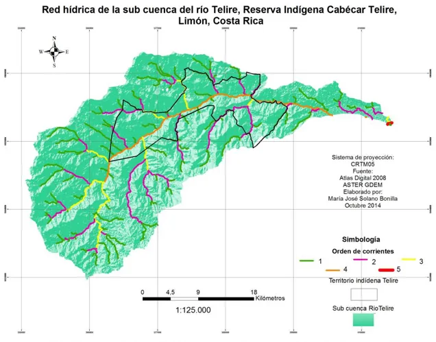 Figura 4.  Clasificación de la red hídrica de la sub cuenca del río Telire según Horton- Horton-Strahler, Reserva Indígena Cabécar Telire, Limón, Costa Rica