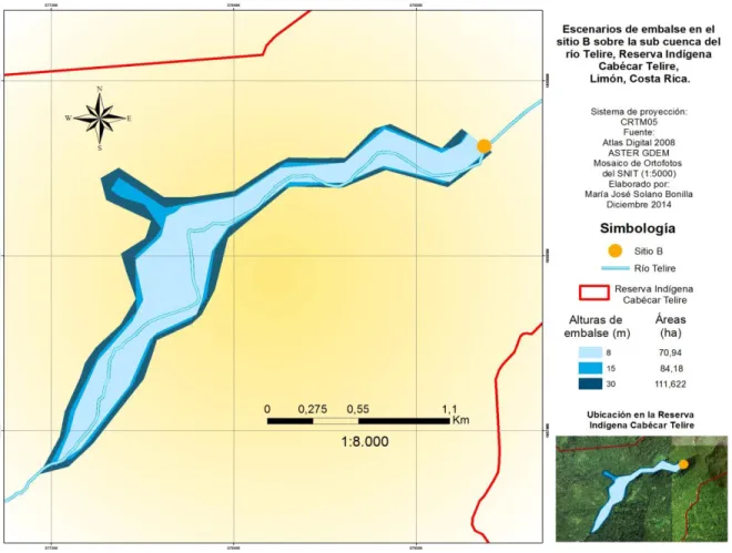 Figura 8.  Escenarios de embalse en el sitio B sobre la sub cuenca del río Telire, Reserva  Indígena Cabécar Telire, Limón, Costa Rica