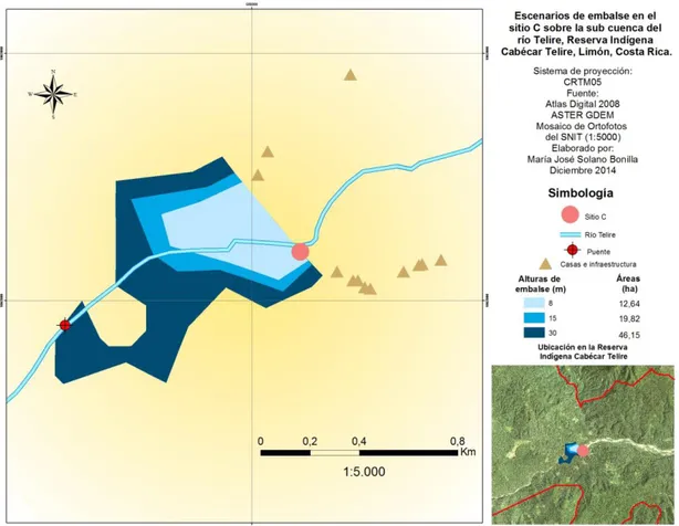 Figura 9.  Escenarios de embalse en el sitio C sobre la sub cuenca del río Telire, Reserva  Indígena Cabécar Telire, Limón, Costa Rica