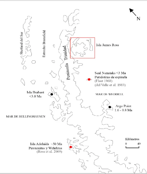 Fig.  1:  Mapa  de  la  Península  Antártica.  El  recuadro  rojo  indica  la  localización  de  la  isla  James Ross