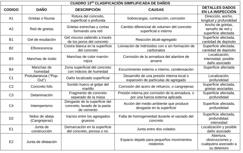 CUADRO 13 43  CLASIFICACIÓN SIMPLIFICADA DE DAÑOS 