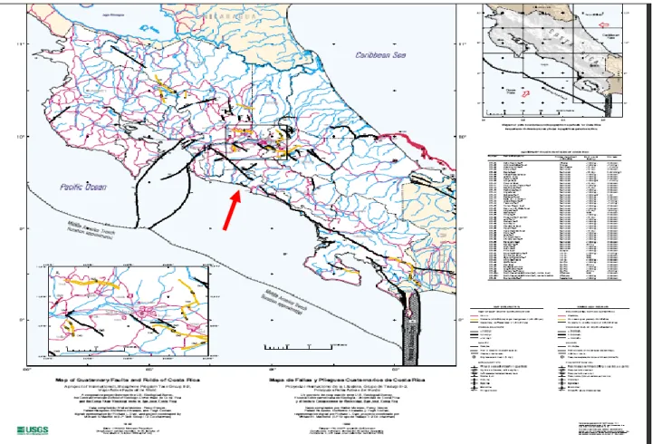 Figura 6.  Mapa de Fallas y Pliegues Cuaternarios de Costa Rica. 