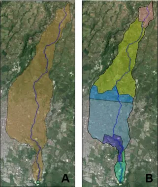 Figura 19. (A) Vista general de la cuenca del río Toyogres y su  uso  de  suelo.  (B)    Capas  poligonales  de  carácter  vectorial,  agregadas sobre la cuenca del río Toyogres