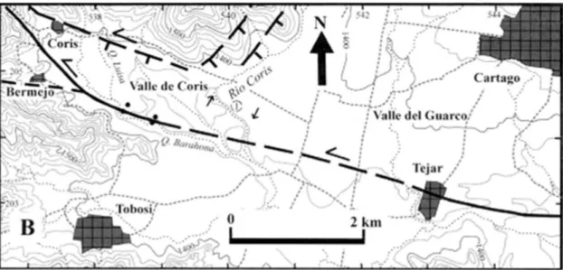Figura 19. Trazas de las fallas Aguacaliente en los valles de Coris y El Guarco  Fuente: Montero &amp; Kruse, 2006 