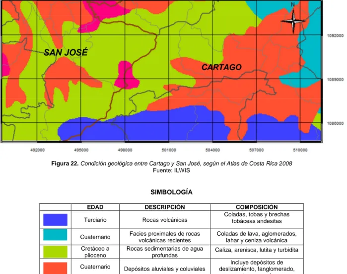Figura 22. Condición geológica entre Cartago y San José, según el Atlas de Costa Rica 2008  Fuente: ILWIS 