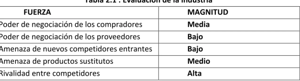 Tabla 2.1 : Evaluación de la industria 