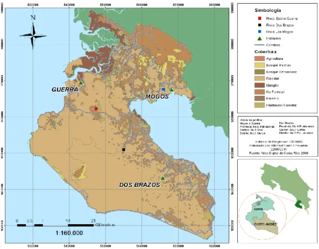 Figura 1. Tipo de cobertura de los sitios Estero Guerra, Dos Brazos de Río  Rincón  y  Los  Mogos,  utilizados  para  el  análisis  de  la  recuperación  del  bosque húmedo tropical, Península de Osa, Costa Rica