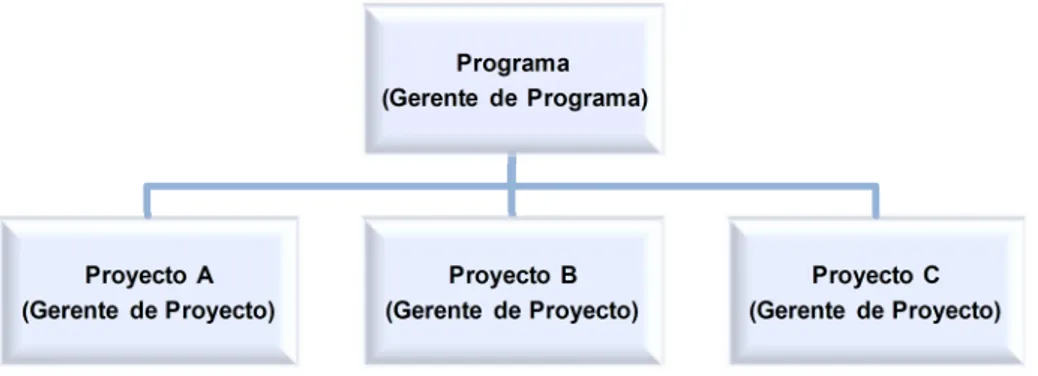 FIGURA 3 PROYECTOS Y PROGRAMAS Programa (Gerente  de  Programa) Proyecto  A (Gerente  de Proyecto) Proyecto  B (Gerente  de Proyecto) Proyecto  C (Gerente  de Proyecto)