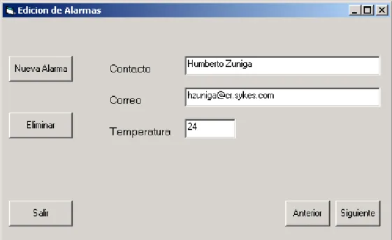 Figura 4.2.  Ventana del programa para visualizar, agregar y eliminar alarmas. 