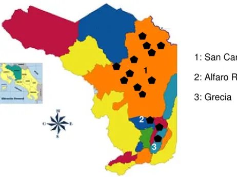 Figura 2. Mapa de la provincia de Alajuela, con la distribución de las lecherías  en  estudio, 2008
