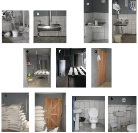Figura  7.  Mejoras  realizadas  en  la  lechería  socio  número  cuatro. a)  y  b)  tina  de  lavado; c) y d) lavatorio en el cuarto de almacenamiento y enfriamiento  de la leche; e), f) y g) cuarto de maquinas; h), i) bodega suplementos  alimenticios; j)