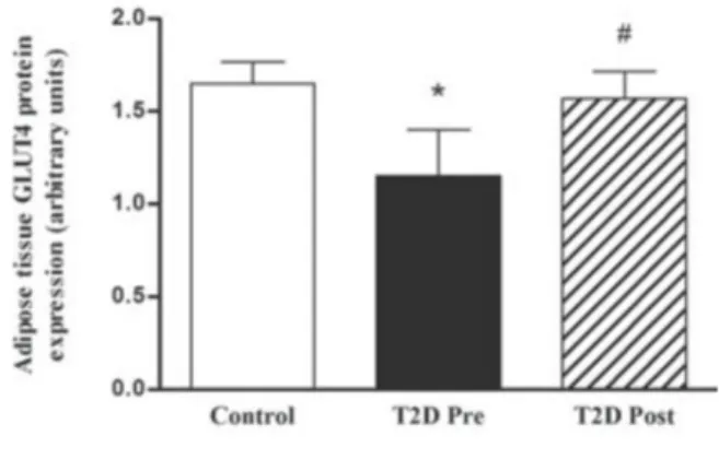 Fig. 1.2 Expresión de GLUT-4 en tejido adiposo en grupo control vs personas con  diabetes tipo II tras 4 semanas de entrenamiento