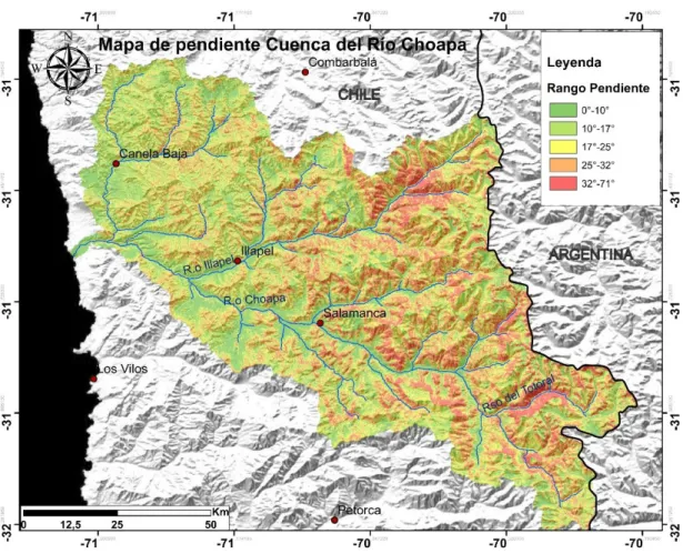 Figura 3. Mapa de las unidades geomorfológicas y elevaciones (m.s.n.m) de la Cuenca del Río Choapa