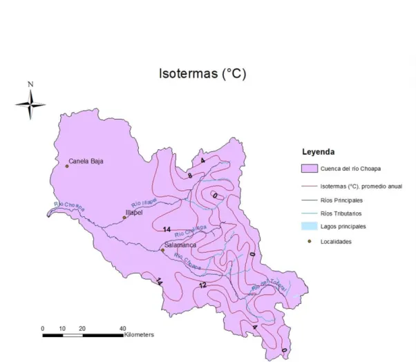Figura 4. Isotermas (°C) de la cuenca del Río Choapa. Elaboración propia a partir de datos shape de la  DGA