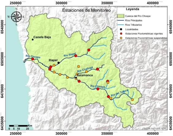 Figura 7. Red hidrográfica de la cuenca y ubicación de las estaciones fluviométricas operadas por la DGA