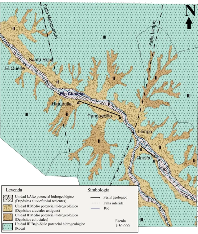 Figura 11. Mapa hidrogeológico entre los sectores Panguecillo y Quelén, Valle del Río Choapa