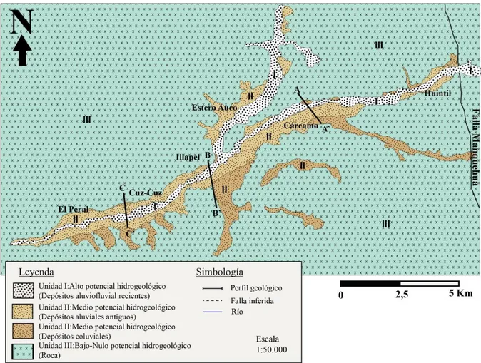 Figura 12. Mapa hidrogeológico entre los sectores El Peral y Huintil, Valle del Río Illapel
