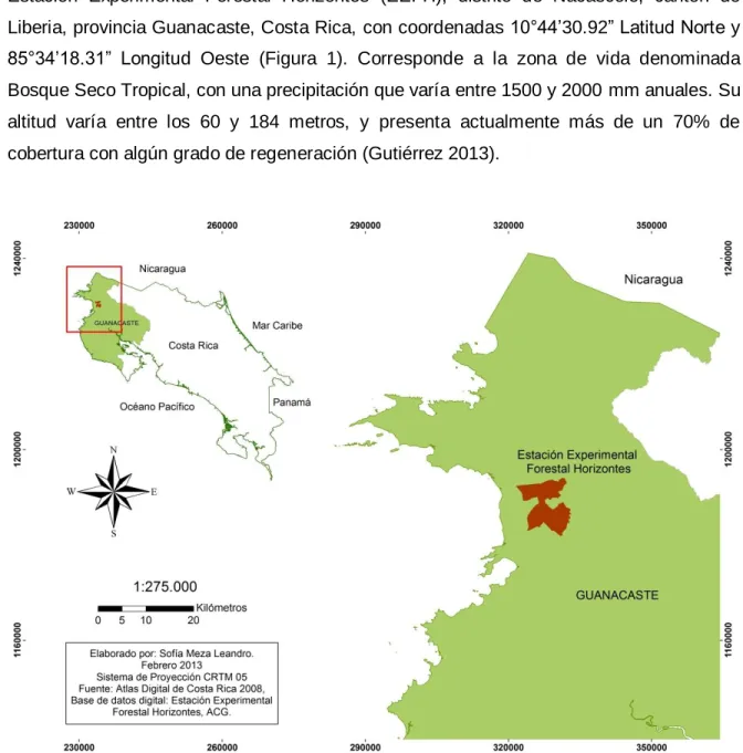 Figura 1. Ubicación geográfica de la Estación Experimental Forestal Horizontes, Área de  Conservación Guanacaste, Costa Rica, 2013