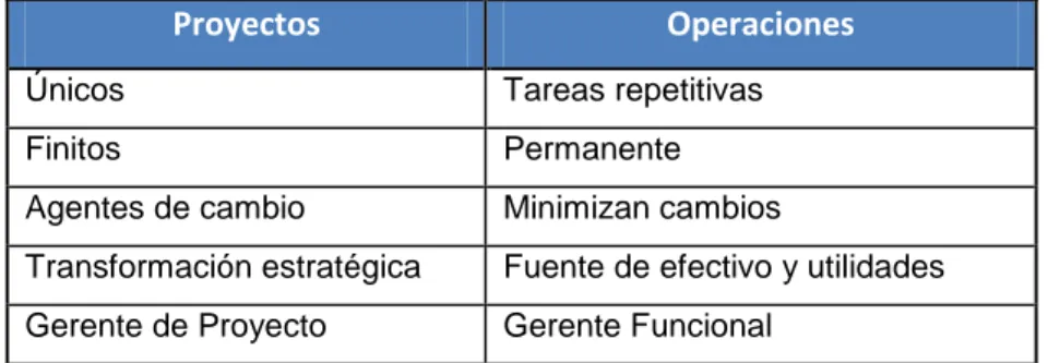 Tabla 2.1  Diferencias entre proyectos y operaciones 