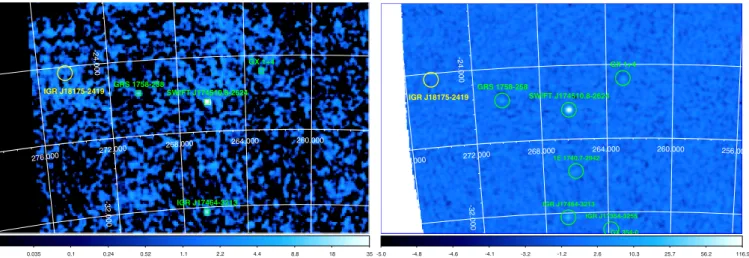 Fig. 11. Left: IBIS/ISGRI mosaic extracted with the OSA software from the SCW 51 in revolution 1215 (20−80 keV energy band)