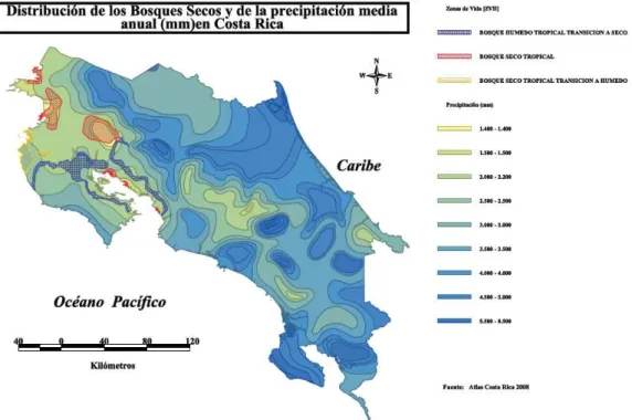 Figura  1.  Distribución  de  la  precipitación  media  anual  y  de  las  relaciones  de  Bosque  seco  Tropical en Costa Rica