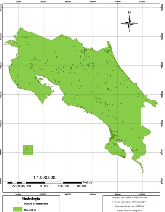 Figura 8.  Mapa de puntos de referencia para el cálculo de                            biomasa arriba del suelo en Costa Rica