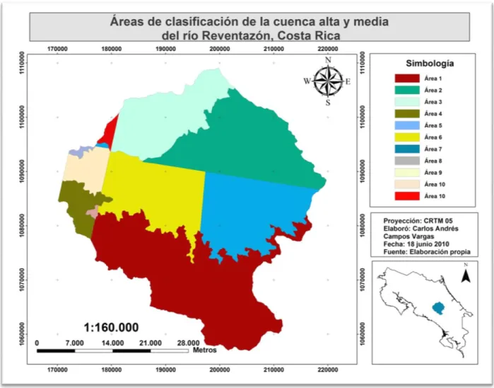 Figura 6. Áreas de clasificación de la cuenca alta y media del Río Reventazón, Costa  Rica, mediante imágenes ASTER 2010
