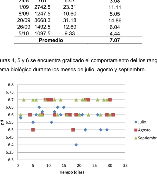 Tabla 7. Carga Biológica (CB) del reactor anaerobio.  Fecha  DQO   (mg/l)  CO   (kg DQO/día)  CB  (kg DQO/kg SSV.día)  5/07  1212  10.30  4.91  24/8  761  6.47  3.08  1/09  2742.5  23.31  11.11  8/09  1247.5  10.60  5.05  20/09  3668.3  31.18  14.86  26/09