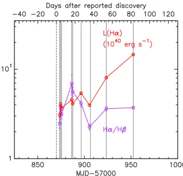 Figure 4. Observed line pro ﬁle evolution for Hα, Hβ, He I λ5876, and He I λ7065. Only data taken with the same instrument and setting (ALFOSC) are plotted, for clarity.