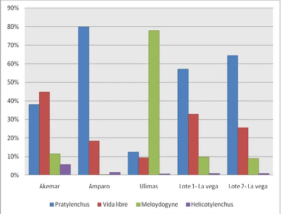 Figura 9.  Porcentaje relativo de géneros predominantes en muestras de raíz, en  las fincas muestreadas de arroz (Oryza sativa), en los Cantones de  San Carlos y Los Chiles  de Alajuela