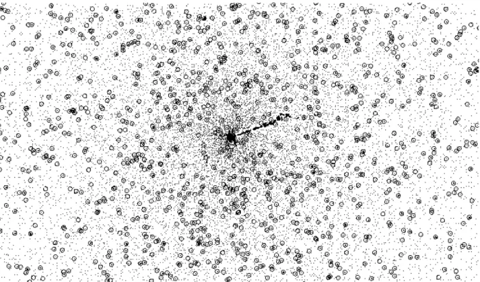 Fig. 1.— Median subtracted image of a portion of the ACS/WFC field of view of the inner region of M87