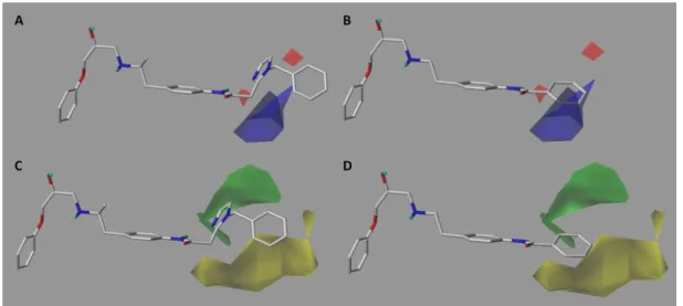 Figure 3. CoMFA electrostatic (A,B) and steric (C,D) contour maps around compounds 16 (left) and  21 (right), the most active and less active of the series respectively