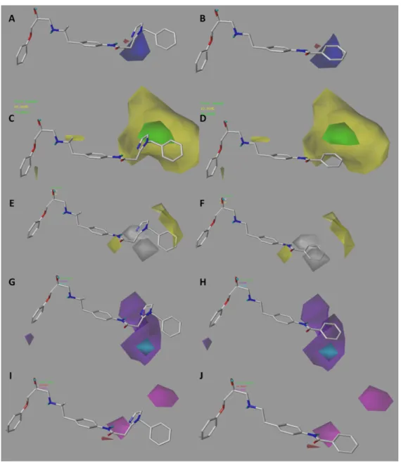 Figure 4. CoMSIA electrostatic (A,B); steric (C,D); hydrophobic (E,F); donor (G,H) and acceptor (I,J)  contour maps around compounds 16 (left) and 21 (right), the most active and less active of the series  respectively