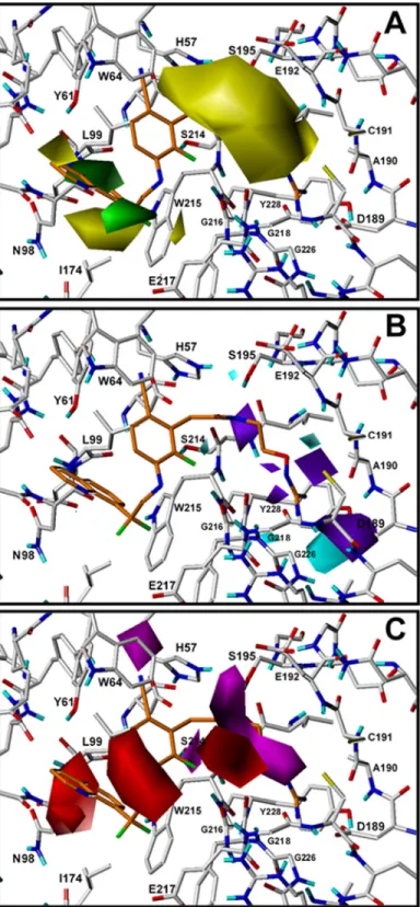Fig 5. CoMSIA contour maps for TIs deriving from model CoMSIA-SDA. The amino acid residues located close to the binding pocket of thrombin are represented for comparing their position with the position of isopleths derived from the model